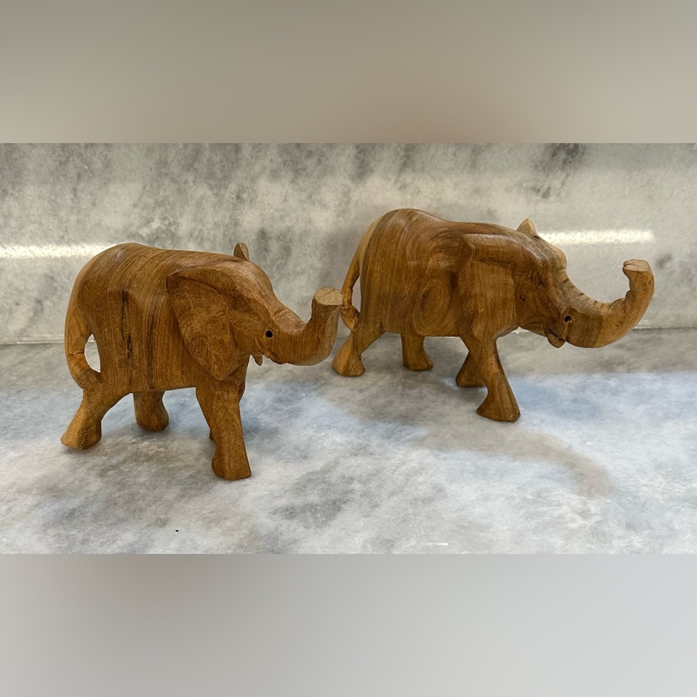 Solid Wood, Unique, Hand Carved Set of 2 Two-Tone Brown Elephant Sculptures